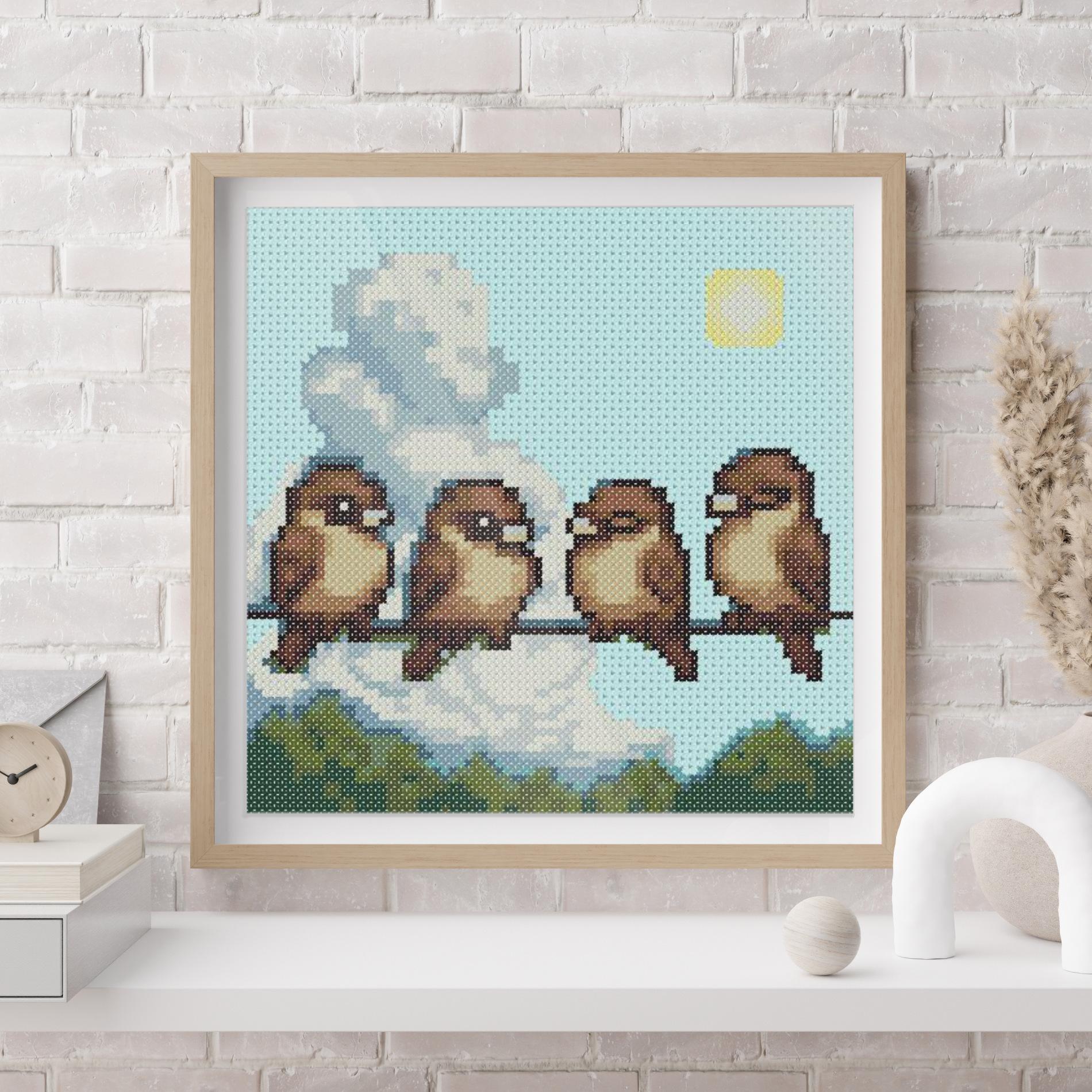 (刺繍キット販売) 入道雲とスズメたち  クロスステッチ